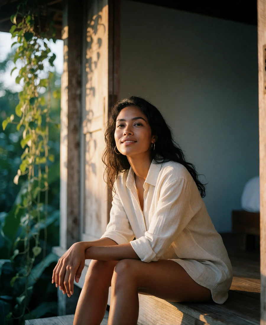 Timorese woman in a cream linen shirt sitting on a guesthouse veranda step, featured Timorese singles online profile photo