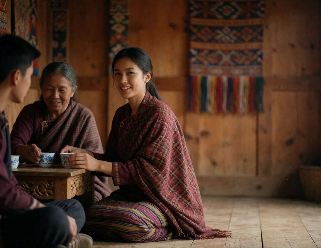 Young Bhutanese woman in a woven maroon wrap smiling in a warm traditional home while an older family member arranges tea cups nearby