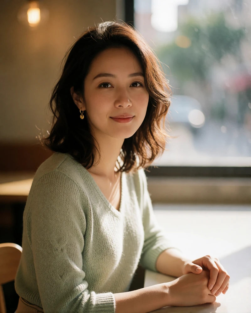 Taiwanese woman in a sage knit top smiling beside a sunlit cafe window, a featured Taiwanese singles online profile photo