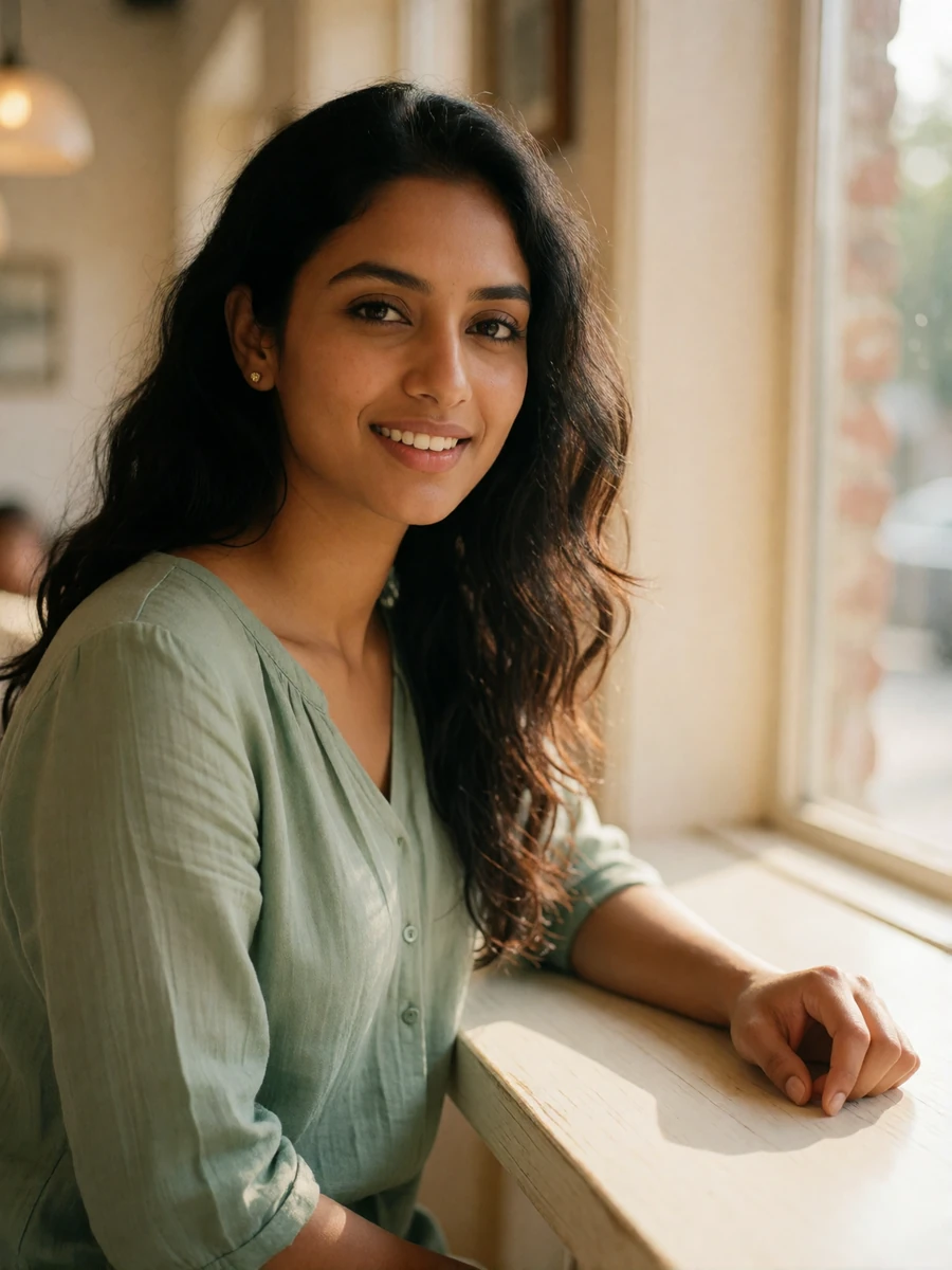 Indian woman in a sage-green blouse smiling at a bright cafe window seat, featured Indian singles online profile photo