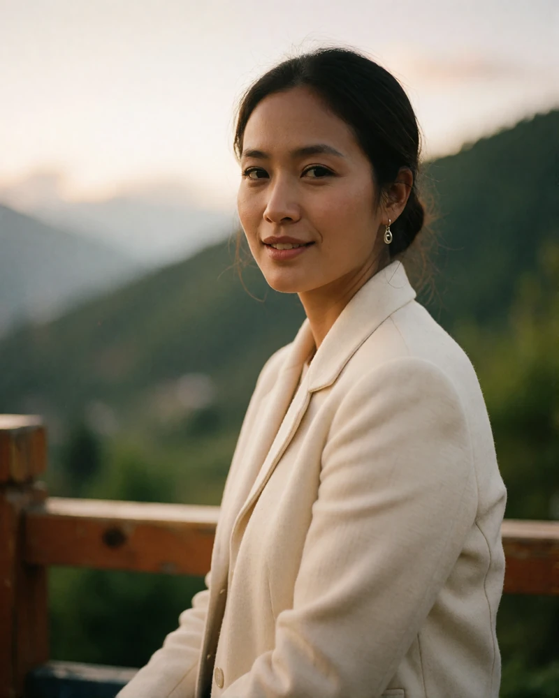 Bhutanese woman with hair pinned back and small silver earrings glancing at the camera near a wooden railing above a green valley