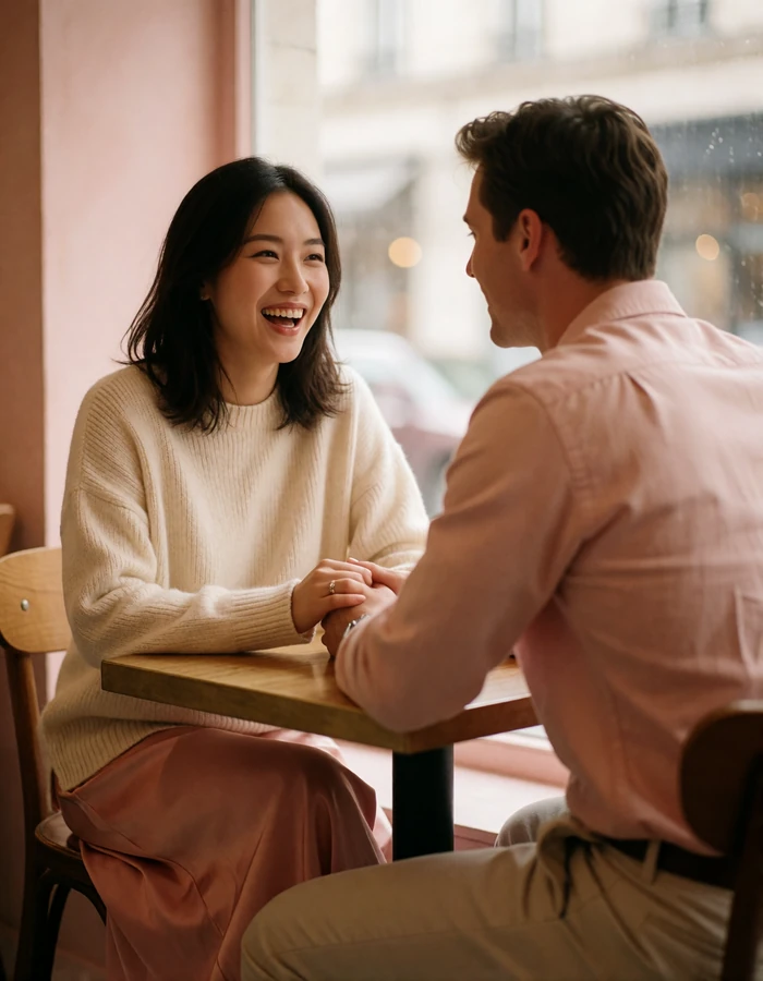 Korean woman in a cream sweater laughing in conversation with a Western man across a small café table