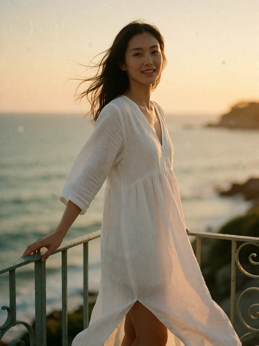 Japanese woman in a white linen dress on a coastal terrace at golden hour, featured Japanese dating profile photo
