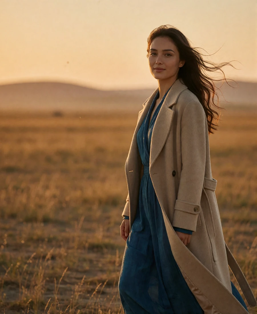 Kazakh woman in a sand-colored coat standing on open steppe grassland at golden hour with a wide amber sky