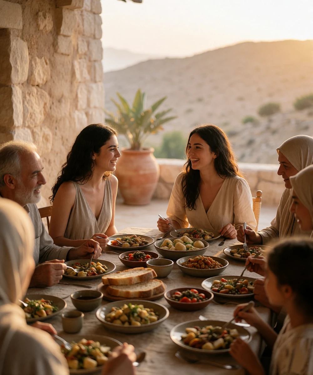 Jordanian family sharing a meal of mezze dishes and fresh bread on a sunlit stone terrace at golden hour