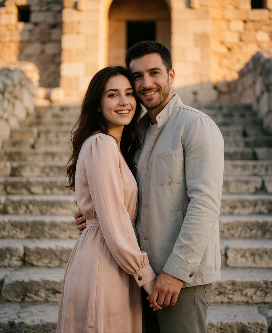 Armenian woman in a blush dress and Western man in a light grey jacket smiling together on ancient stone steps