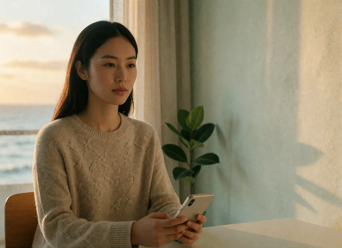 Asian woman in a beige knit sweater seated at a bright desk holding a phone, representing account verification and privacy on the platform