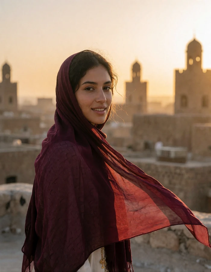 Yemeni woman with a burgundy headscarf on a rooftop overlooking a historic old city at golden hour, featured member profile photo