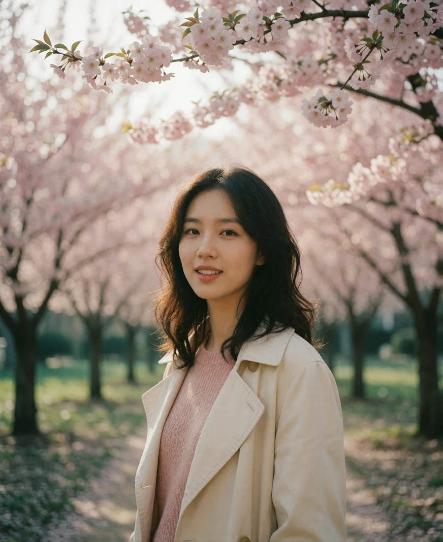 Korean woman in a cream trench coat smiling on a blossom-lined park path, a featured member profile photo