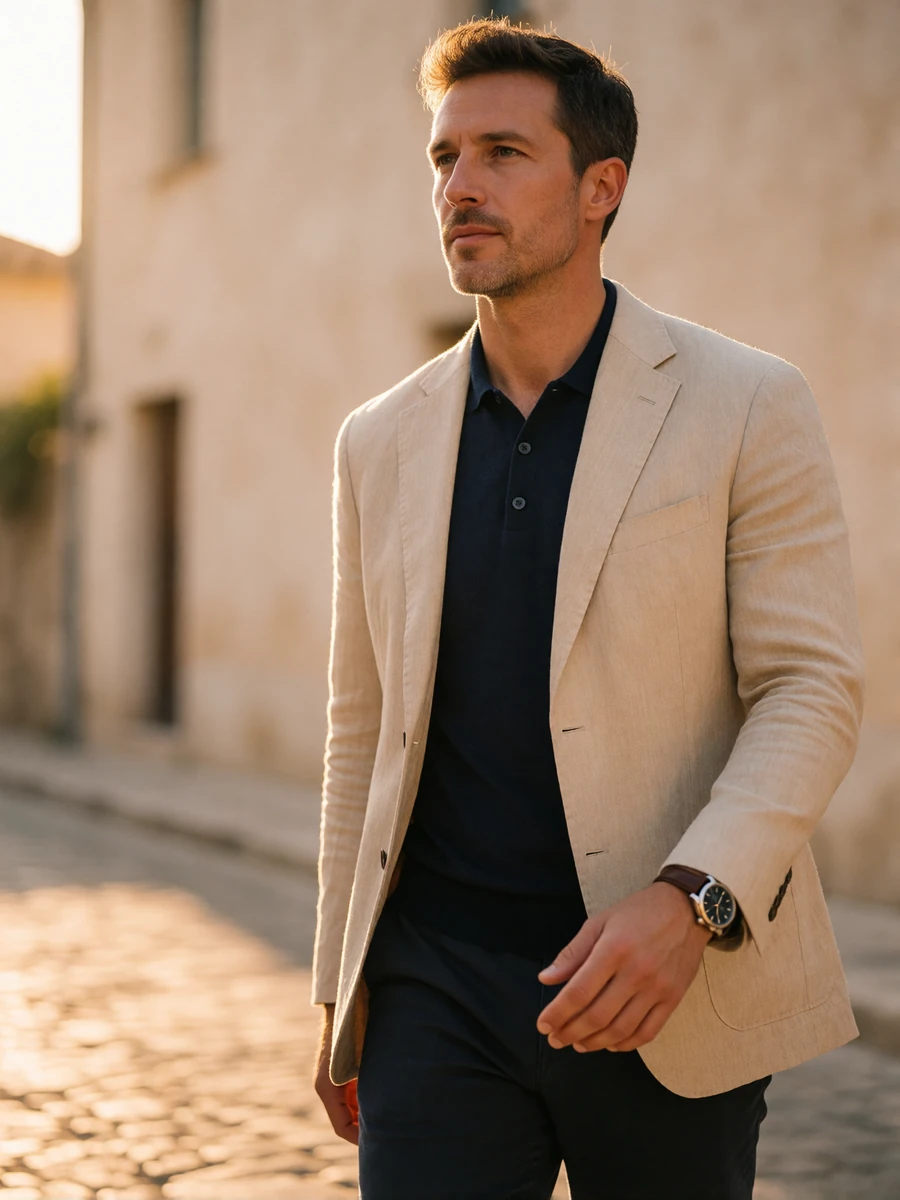 Man wearing a sand linen blazer over a navy knit polo and dark chinos walking along a sunlit stone street