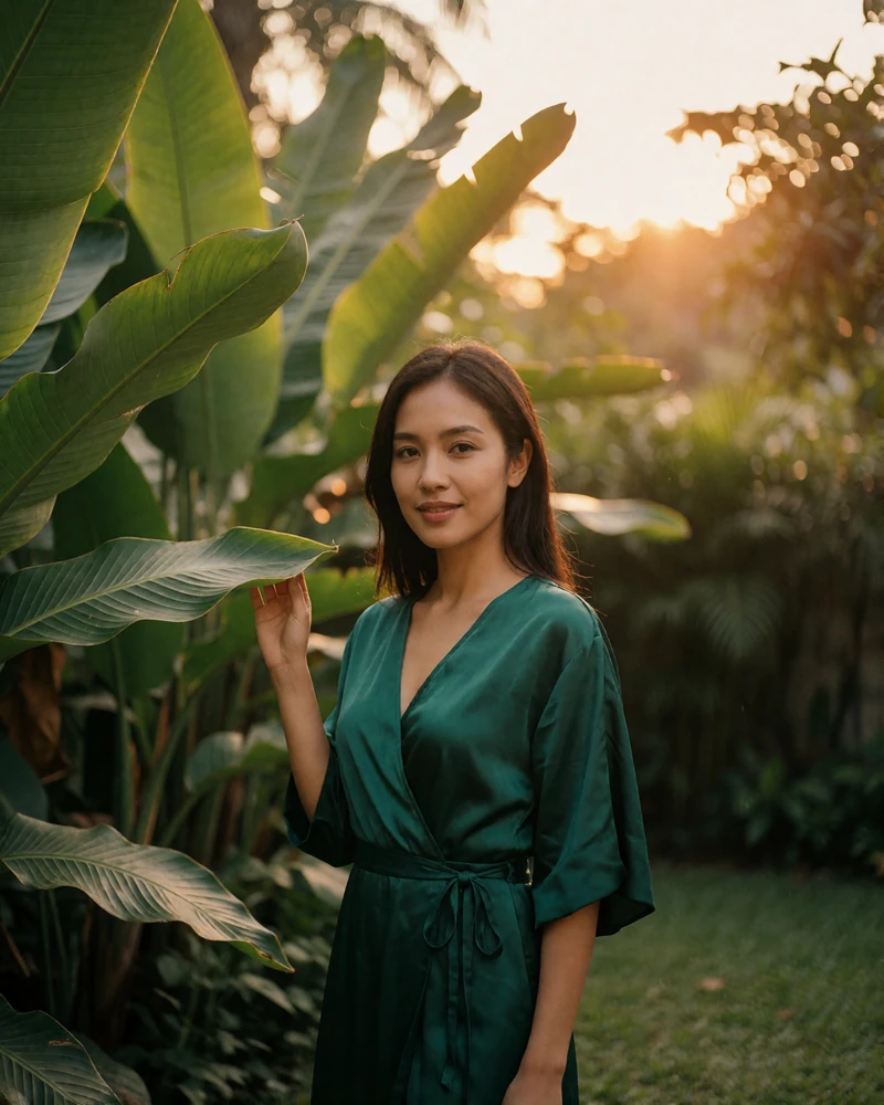 Filipina woman in an emerald wrap dress standing among tropical greenery, a featured Filipino dating profile photo