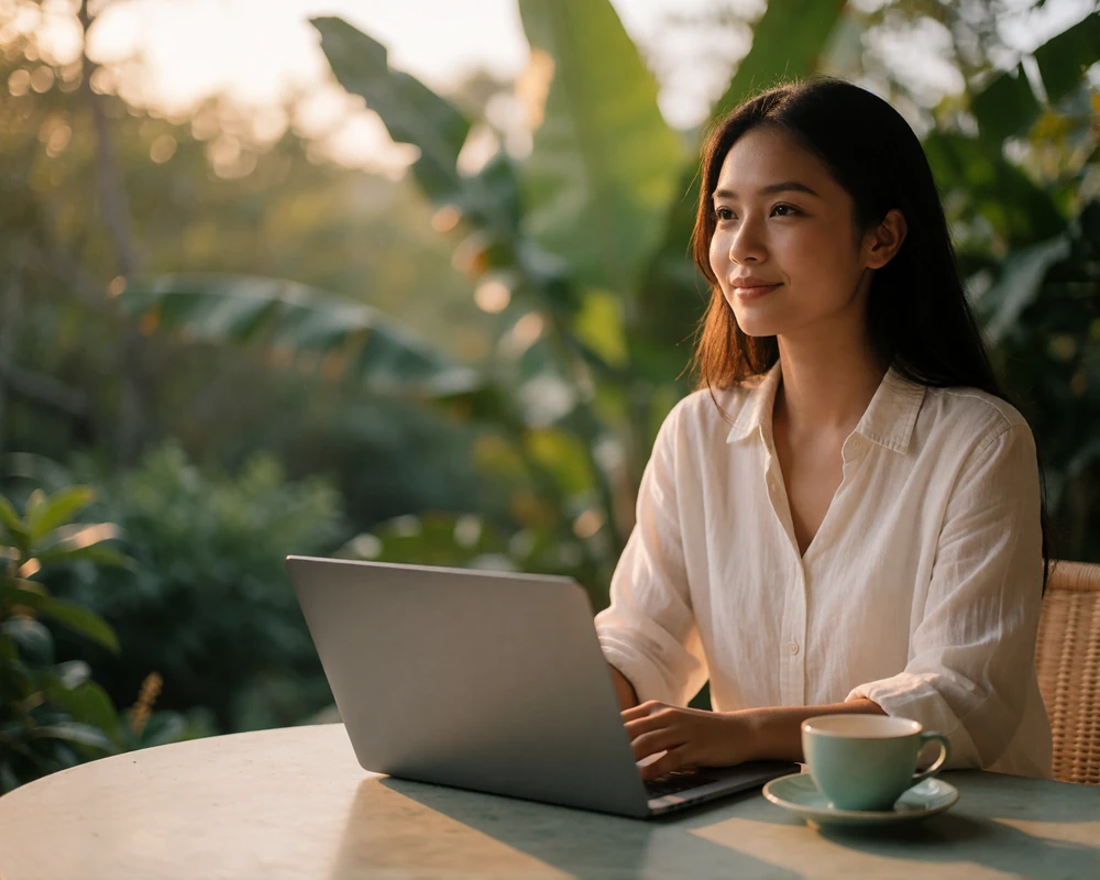 Thai woman smiling on a shaded garden terrace beside a closed laptop and a cup on the table