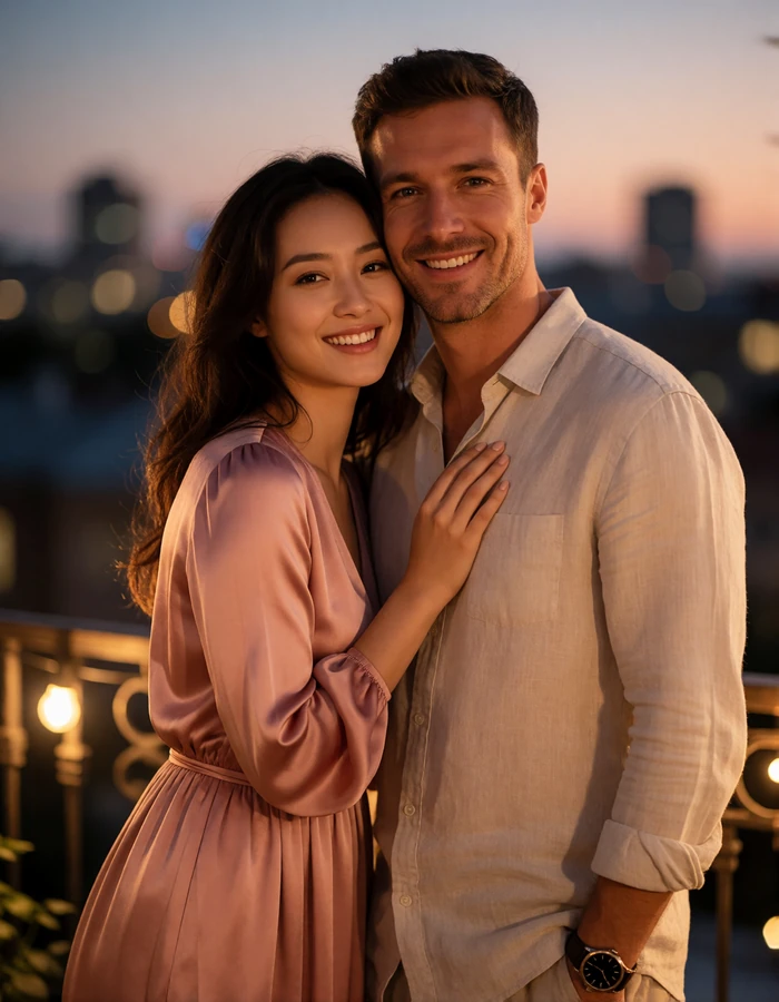 Mongolian woman in a rose dress leaning against a Western man in a linen shirt on a terrace at dusk