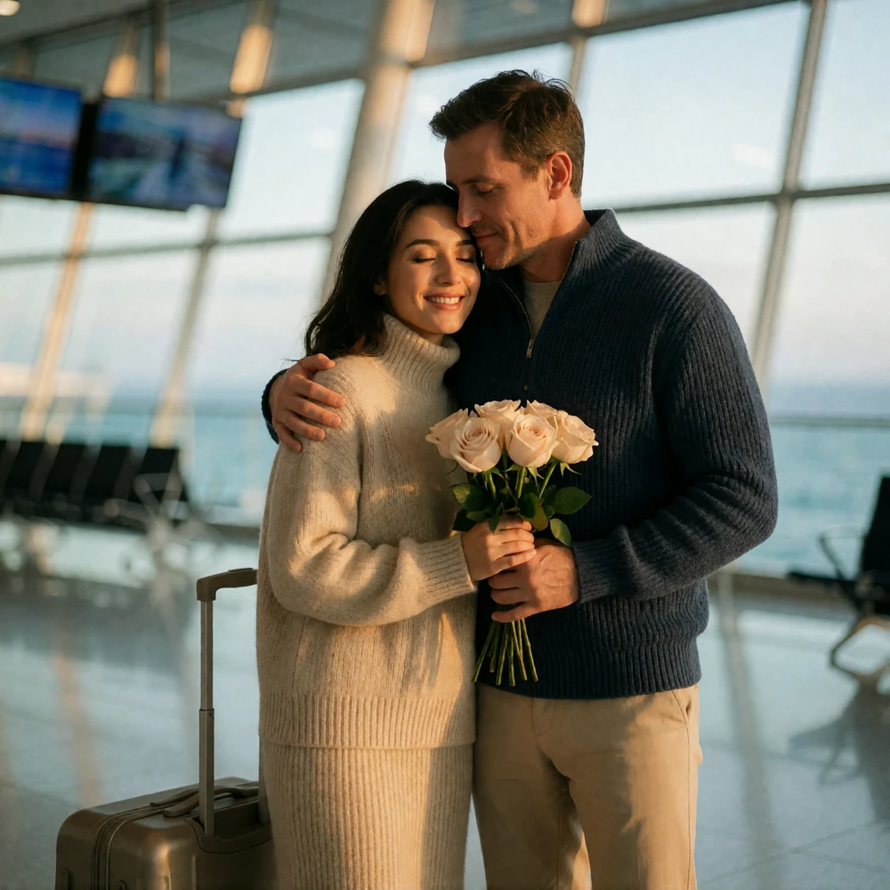 Uzbek woman and Western man embracing warmly in a bright modern airport arrivals hall