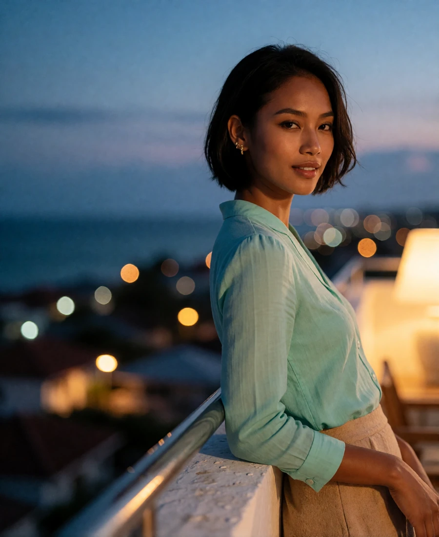 Timorese woman in a seafoam blouse leaning on a rooftop terrace railing at dusk, verified member profile photo