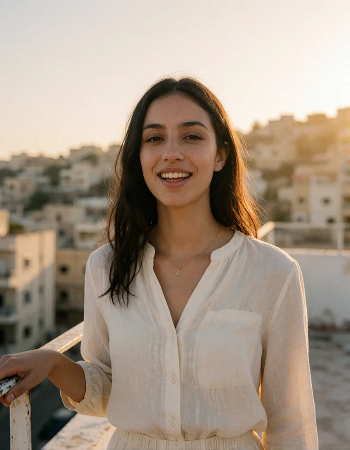 Young Jordanian woman in an ivory blouse smiling on a city rooftop at golden hour, featured Jordanian dating profile photo