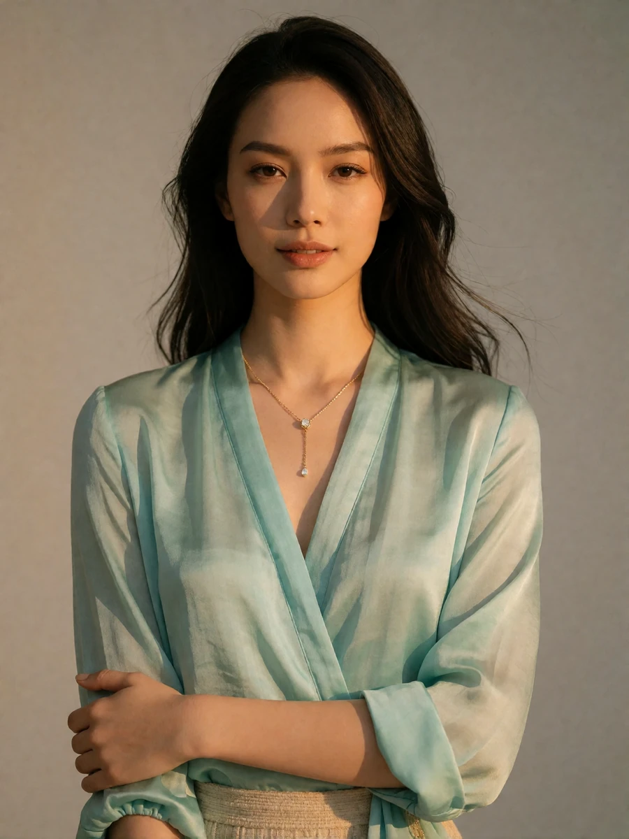 Elegant Vietnamese woman in a seafoam blouse in a warm studio portrait, verified member profile photo