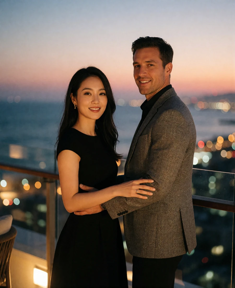 Korean woman in a black dress and Western man in a grey blazer standing at a rooftop lounge railing in the evening