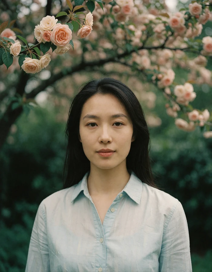 Chinese woman in a pale blue shirt in a clear daylight portrait, shown as an example of a verified member profile photo