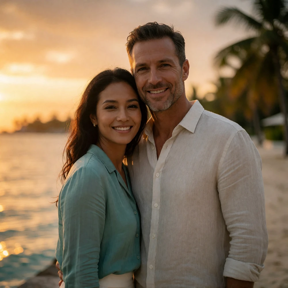 Bruneian woman and Western man standing together on a waterfront promenade at golden hour