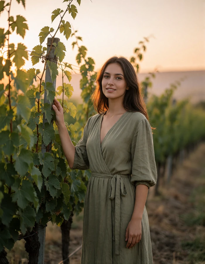 Armenian woman in an olive wrap dress standing among vineyard rows at golden hour, featured member profile photo