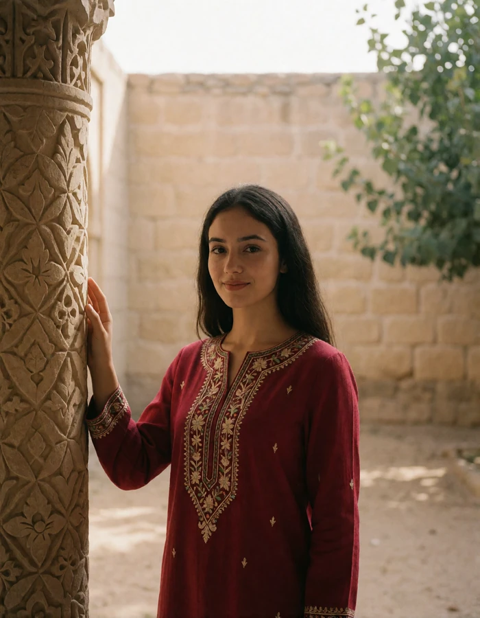 Young Turkmen woman in a garnet-red embroidered tunic in a shaded stone courtyard, featured dating profile photo
