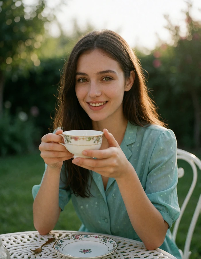Smiling Turkmen woman in a teal blouse holding a tea bowl at a garden table, featured profile photo