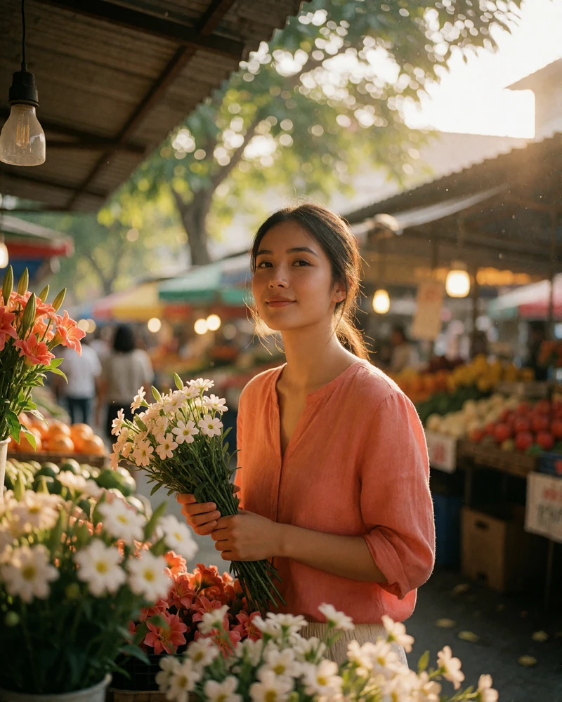 Thai woman holding fresh white flowers at an open-air market stall, featured Thai singles profile photo