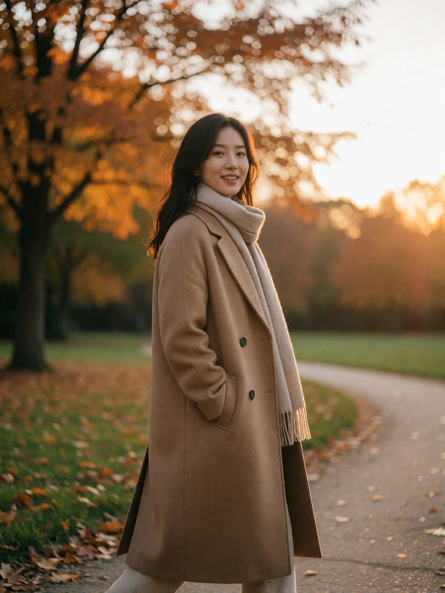 Korean woman in a camel coat walking along a park path at golden hour, featured Korean dating profile photo