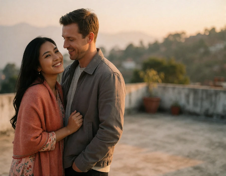 Nepalese woman in a coral shawl leaning against a Western man on an open terrace at golden hour with hills in the distance