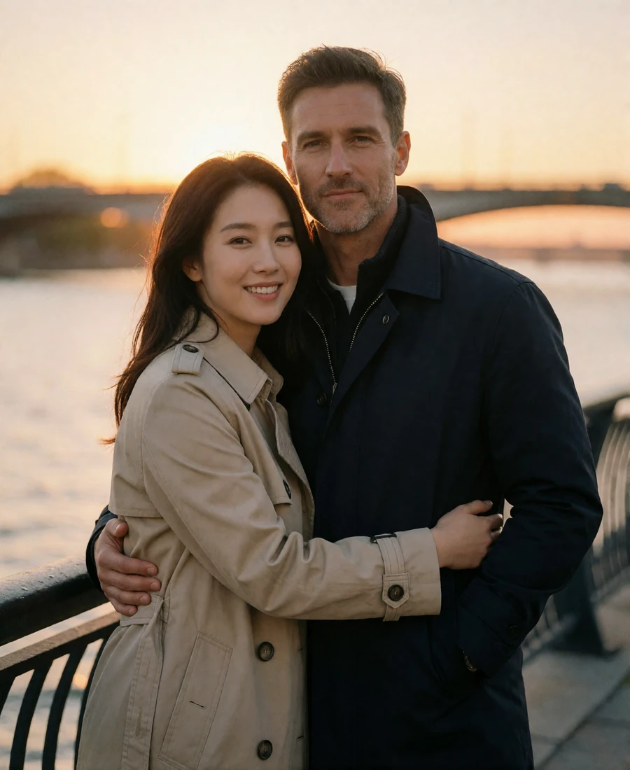 Korean woman in a light trench coat and Western man in a dark jacket standing arm in arm on a riverside walkway at golden hour