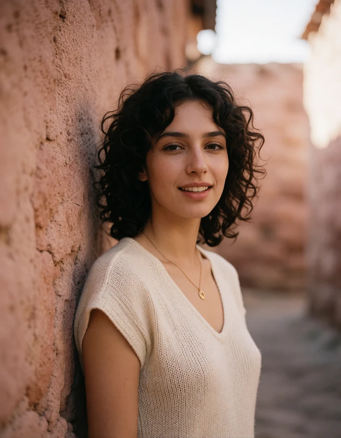 Young Armenian woman with dark curls smiling against a warm tuff-stone wall in an old town lane, featured profile photo