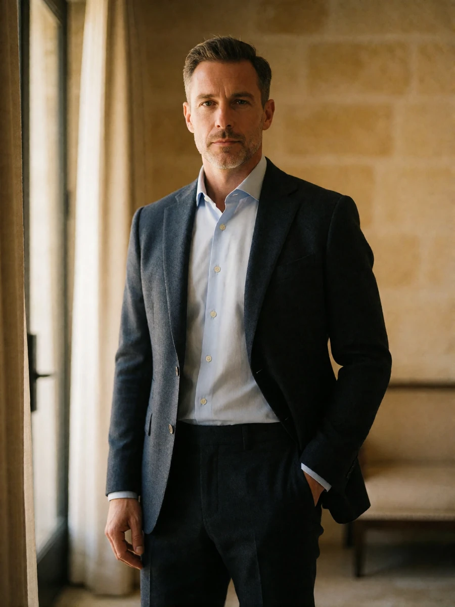 Man in a well-fitted charcoal wool suit with a light blue open-collar shirt standing in a quiet hotel corridor