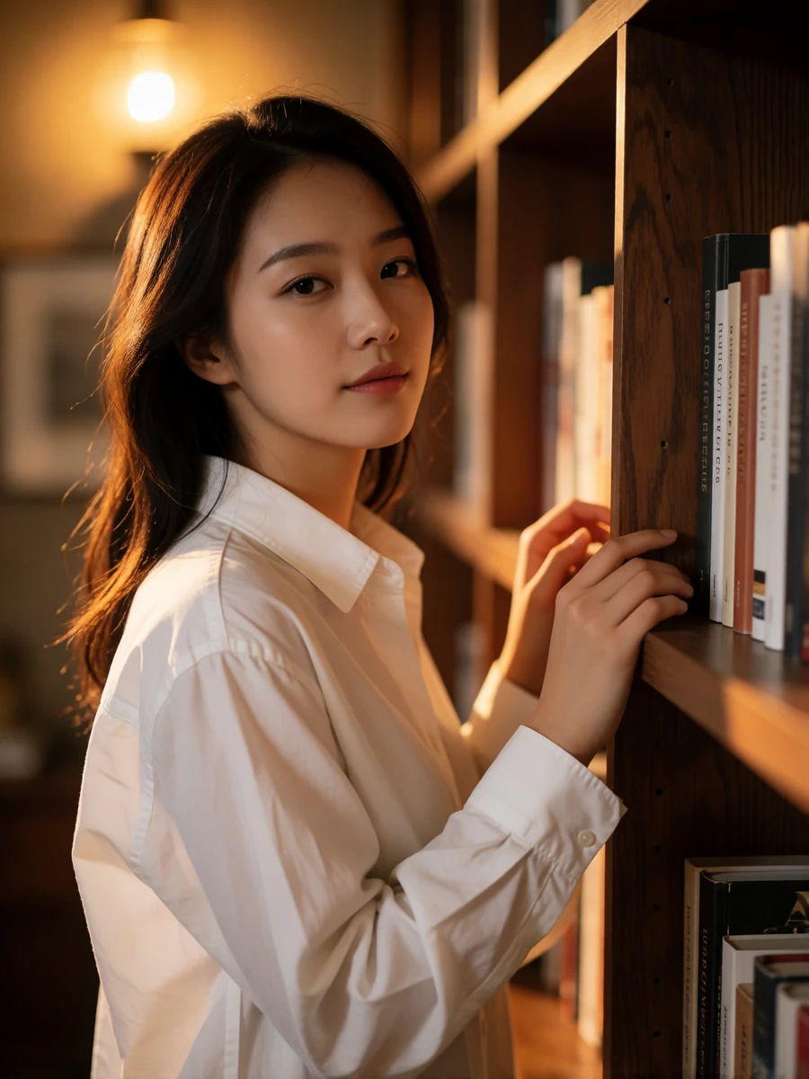 Young Korean woman in a white shirt beside tall bookshelves, featured member profile photo