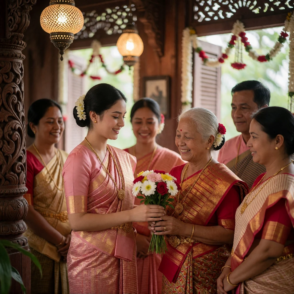 Burmese family celebration in a carved wooden home, with a young woman offering flowers to an elder relative