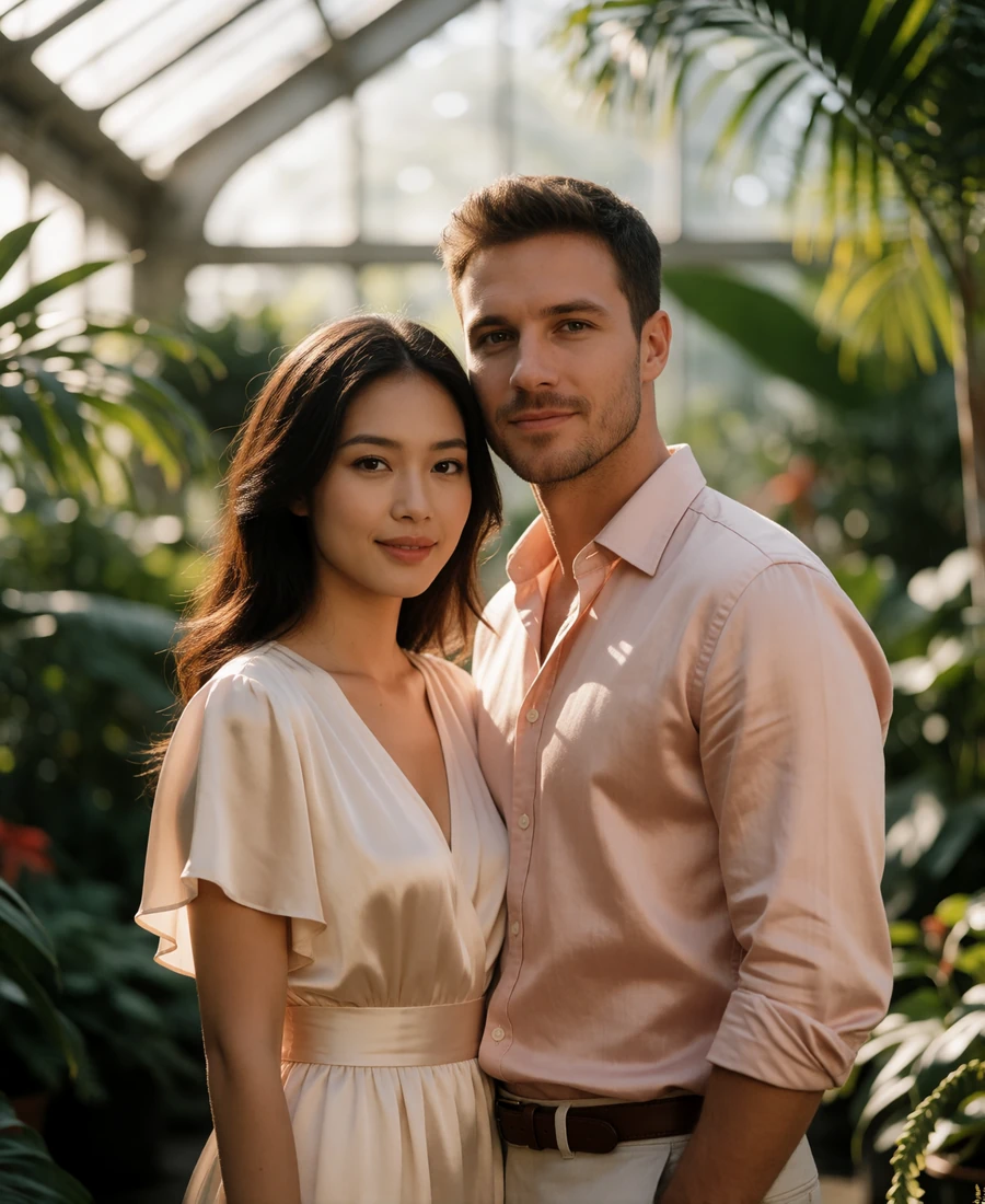 Singaporean woman in a cream dress beside a Western man in a glass-roofed garden conservatory, both smiling