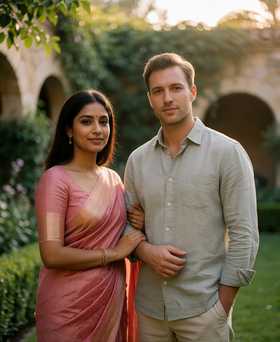 Indian woman in a rose-pink saree beside a Western man in a pale grey shirt in a green garden courtyard