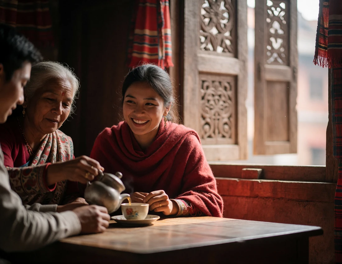 Three generations of a Nepalese family gathered around a low wooden table, an older woman pouring tea beside a young woman in a red shawl