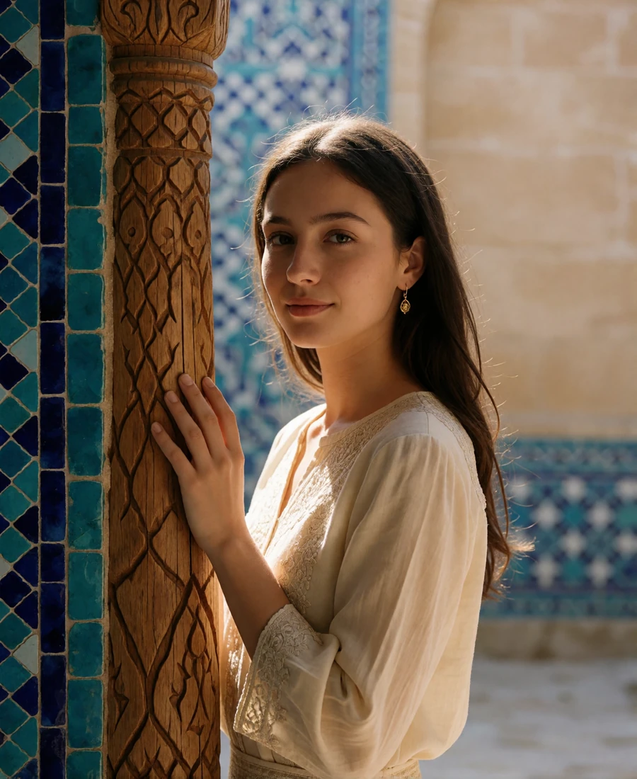 Young Uzbek woman in a cream embroidered blouse smiling in a sunlit tiled courtyard, a featured Uzbek dating profile photo
