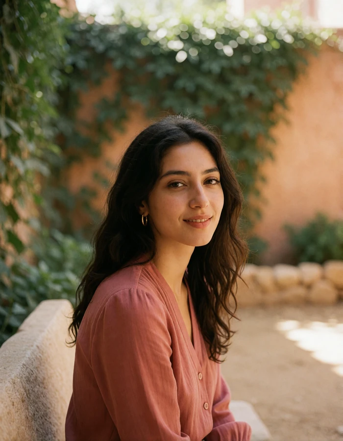 Young Tajik woman with dark wavy hair smiling in a sunlit courtyard garden, a featured Tajik dating profile photo