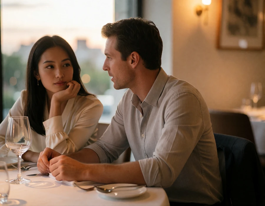 Taiwanese woman in an ivory silk blouse resting her chin on her hand while talking with a Western man at a fine dining table