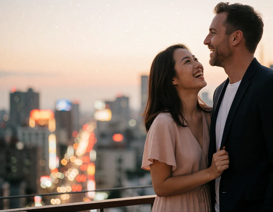 Taiwanese woman in a soft blush dress laughing with a Western man on a rooftop lounge at dusk