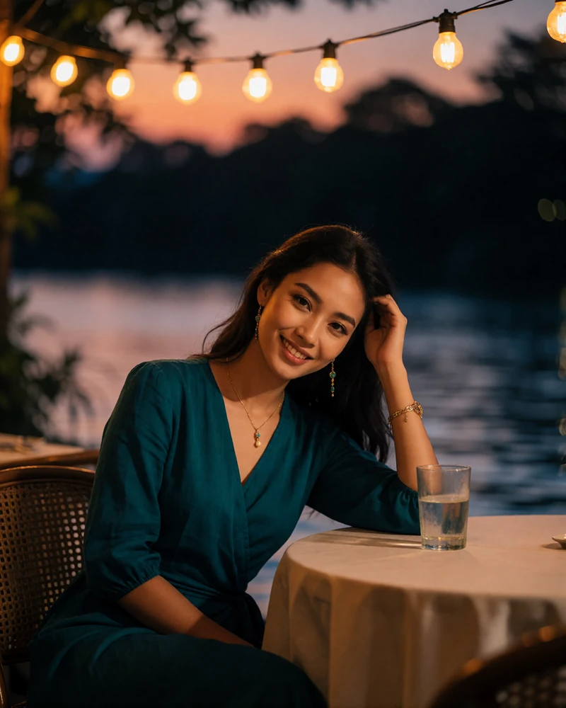 Thai woman in a teal wrap dress seated at a riverside restaurant table in the evening, featured Thai bride profile photo