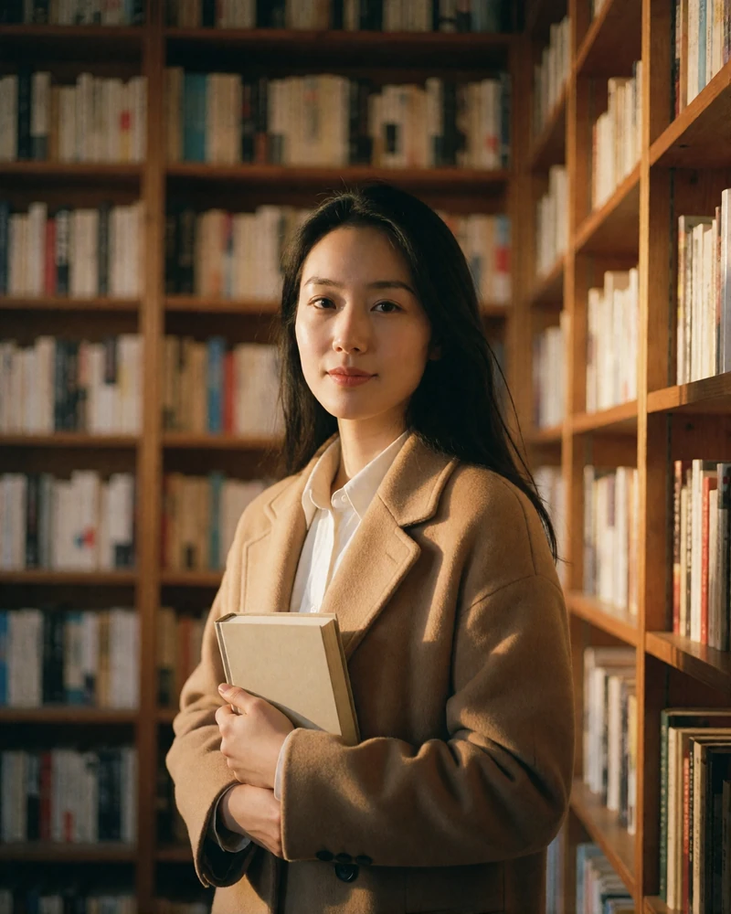 Chinese woman in a camel wool coat holding a book among wooden shelves, featured Chinese dating profile photo