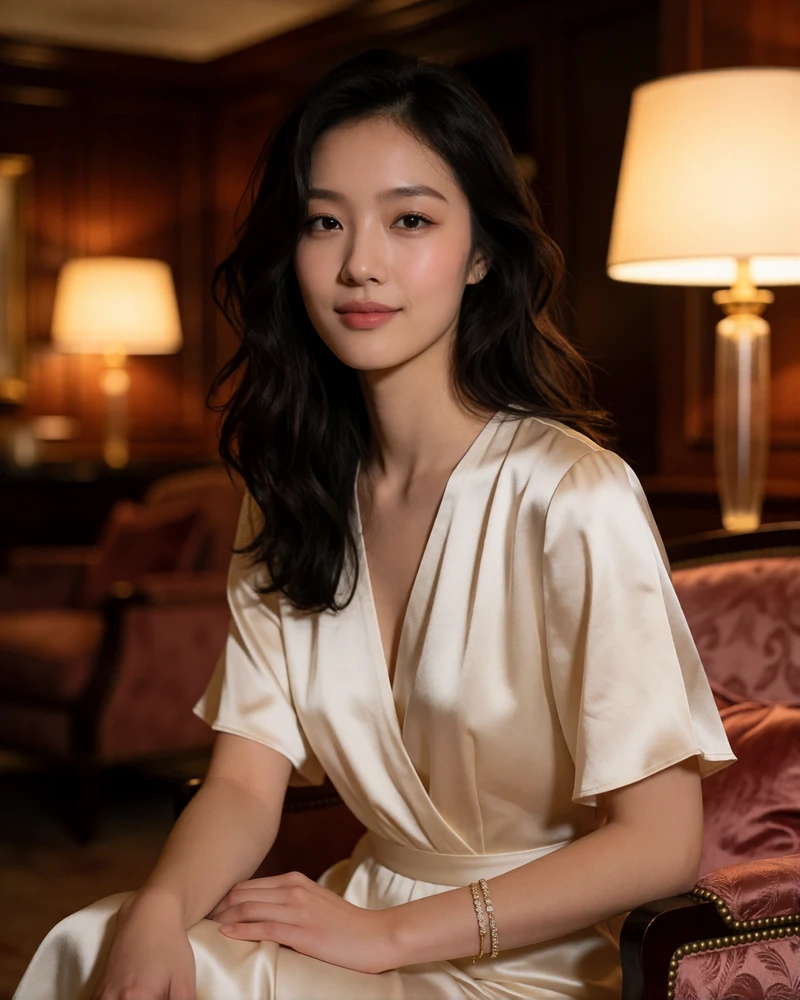Korean-Australian woman with wavy dark hair seated in an upscale hotel lounge in the evening, featured member profile photo
