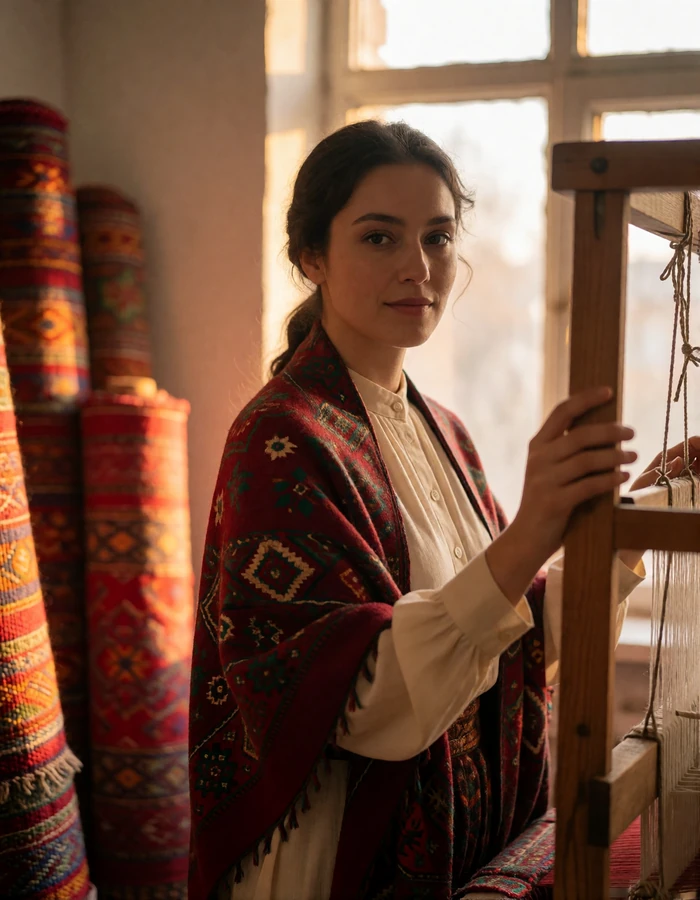 Turkmen woman in a cream blouse and red shawl beside a wooden loom in a textile atelier, profile photo