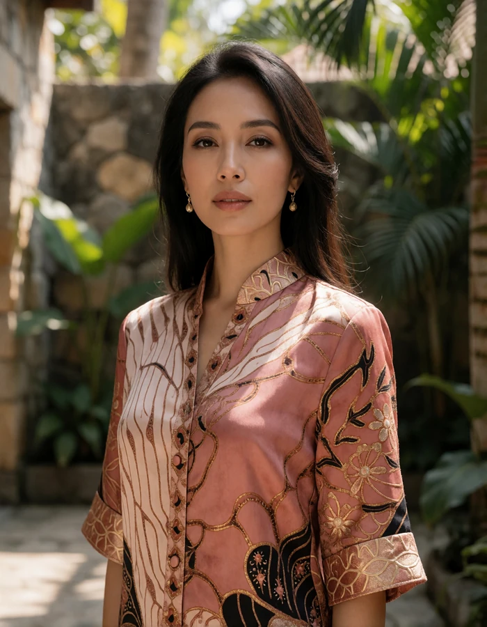 Elegant Indonesian woman in a batik-inspired blouse in a shaded tropical courtyard, featured Indonesian singles online profile photo