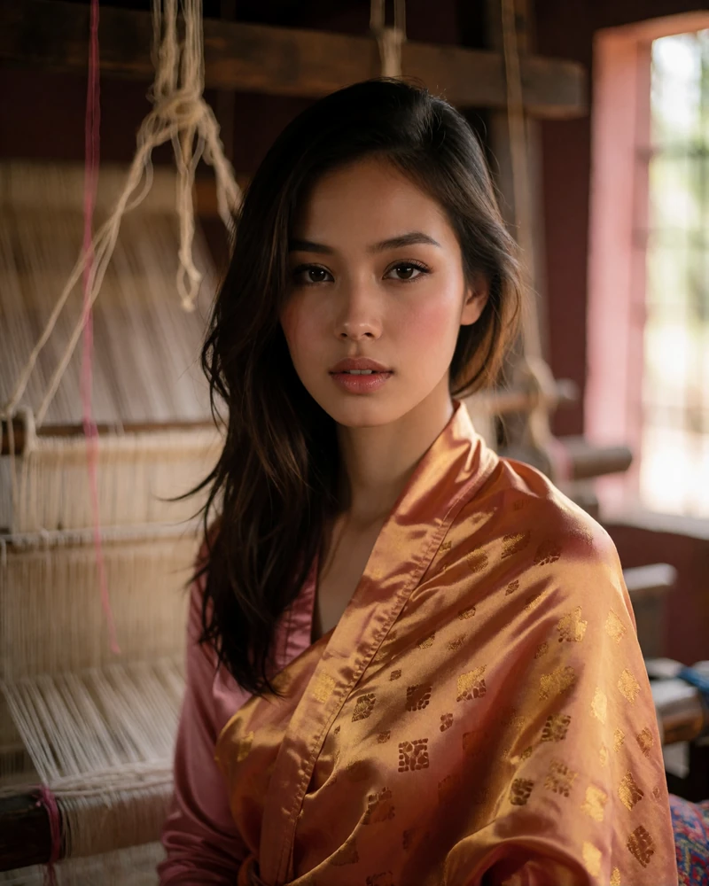 Young Cambodian woman in a golden-amber silk wrap inside a silk-weaving workshop, featured Khmer women profile photo