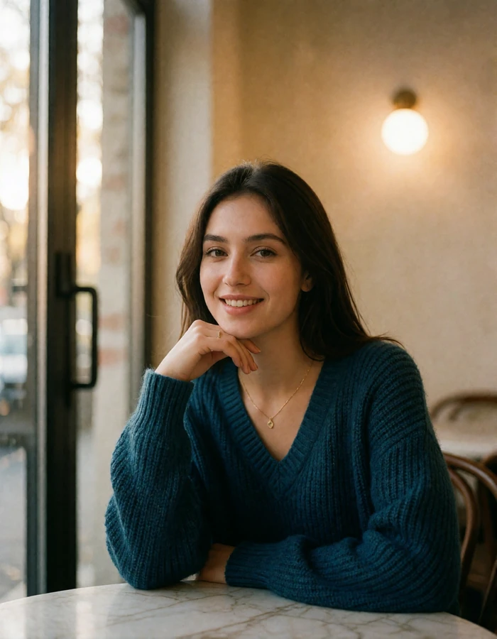 Smiling Tajik woman in a teal knit sweater seated at a bright cafe window, featured member profile photo