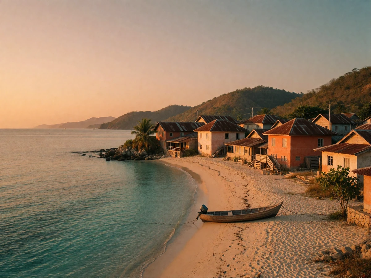Coastal village in Timor-Leste with terracotta-roofed houses along a curving shoreline at golden hour